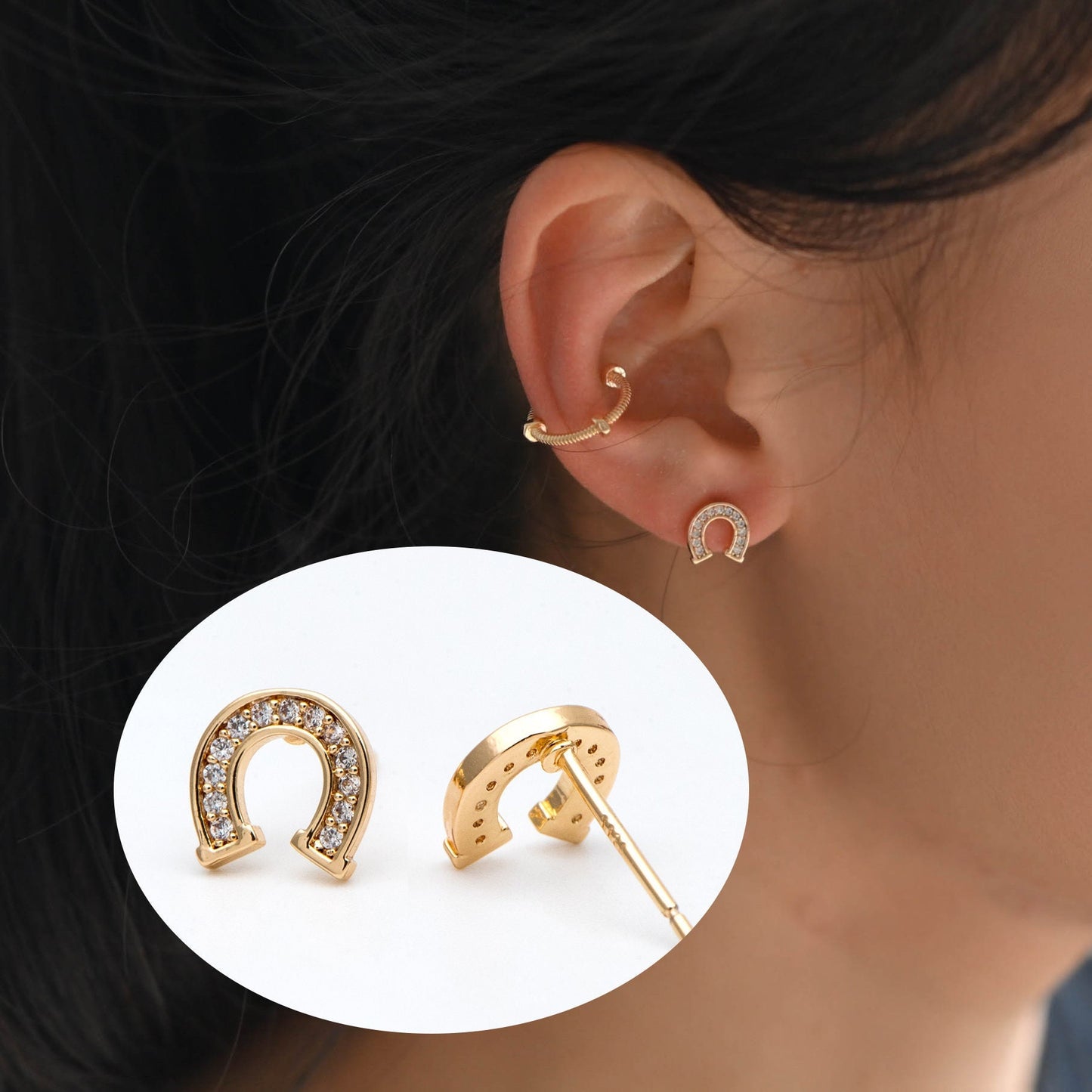 4pcs CZ Pave Horseshoe Ear Posts 8x8mm, Gold Plated Brass U Shaped Stud Earrings (#GB-3018)