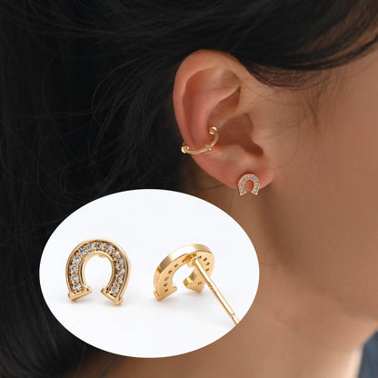 4pcs CZ Pave Horseshoe Ear Posts 8x8mm, Gold Plated Brass U Shaped Stud Earrings (#GB-3018)