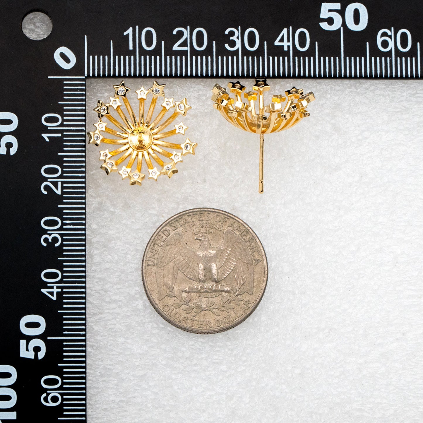 4pcs CZ Pave Star Fireworks Ear Posts, Pearl Earring Mounts, Half Drilled Pearls Earring Settings (GB-3580)