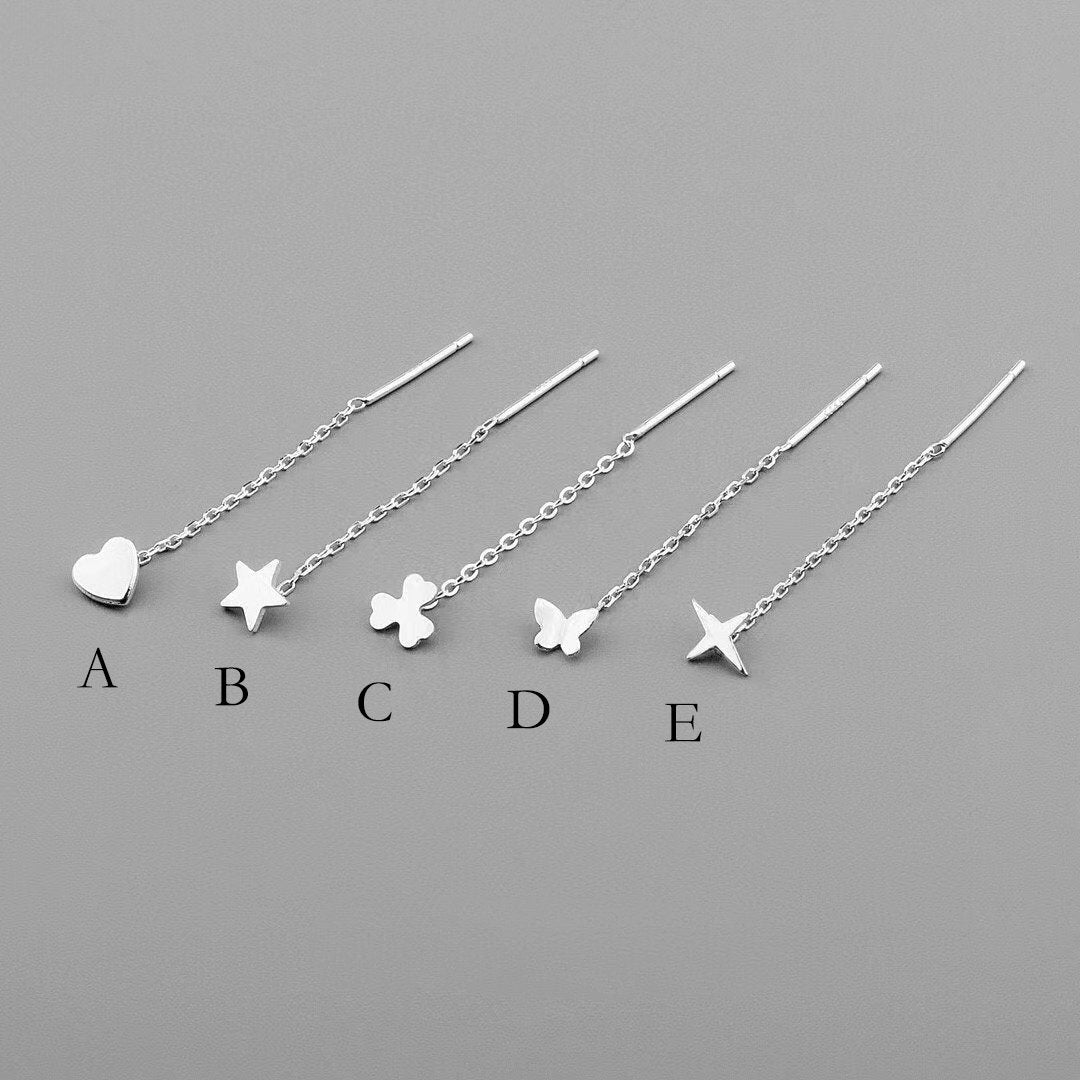 4pcs Heart/ Star/ Clover/ Butterfly/ Cross Sterling Silver Threader Earrings, .925 Silver Cable Chain Earwire Thread (CY-035)