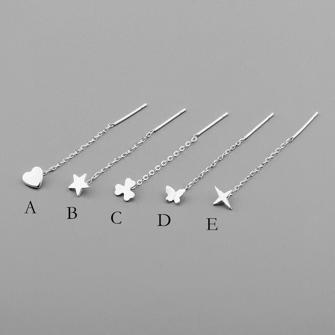 4pcs Heart/ Star/ Clover/ Butterfly/ Cross Sterling Silver Threader Earrings, .925 Silver Cable Chain Earwire Thread (CY-035)