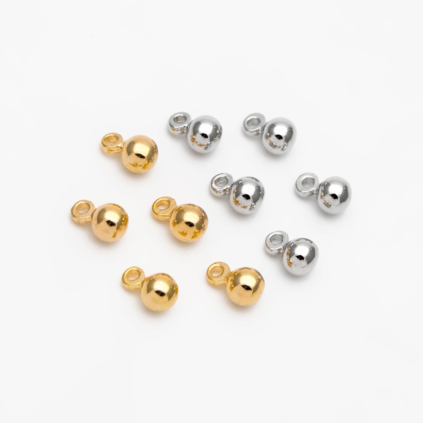 10pcs Mini Round Gold/ Silver Ball Charms 6x4mm DANGLE with Loop, Real Gold/ Rhodium plated Brass Tiny Drop Beads, Lead Nickel Free (GB-081)