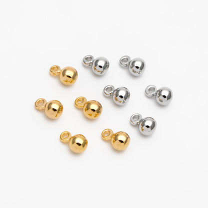 10pcs Mini Round Gold/ Silver Ball Charms 6x4mm DANGLE with Loop, Real Gold/ Rhodium plated Brass Tiny Drop Beads, Lead Nickel Free (GB-081)