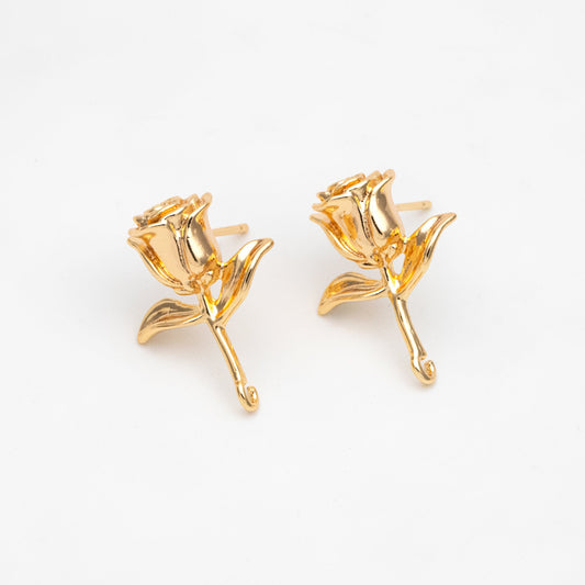 10pcs Gold Rose Earring with Loop, Gold plated Brass Floral Stud Earring(GB-3525)