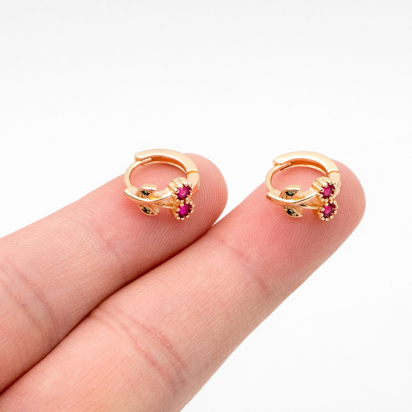 4pcs CZ Pave Cherry Hoop Earrings, 12mm, Dainty Huggie Earrings, Minimalist Earring, Small Gold Hoops Earring (GB-3528)