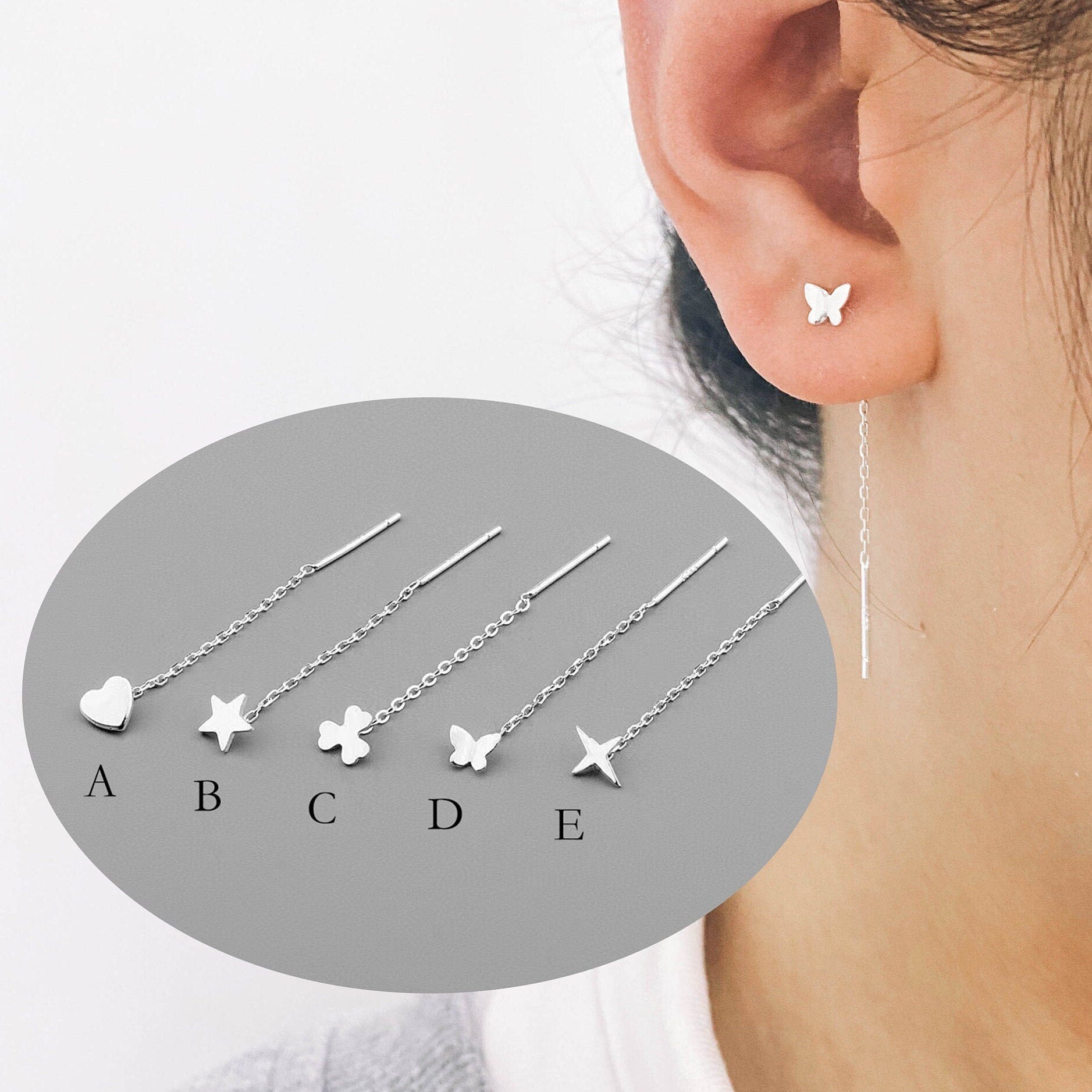 4pcs Heart/ Star/ Clover/ Butterfly/ Cross Sterling Silver Threader Earrings, .925 Silver Cable Chain Earwire Thread (CY-035)