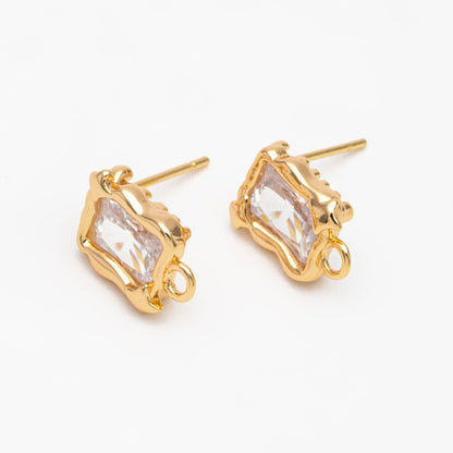 4pcs CZ Pave Rectangle Ear Posts: 18K Gold Plated Brass Stud Earrings (GB-3586)
