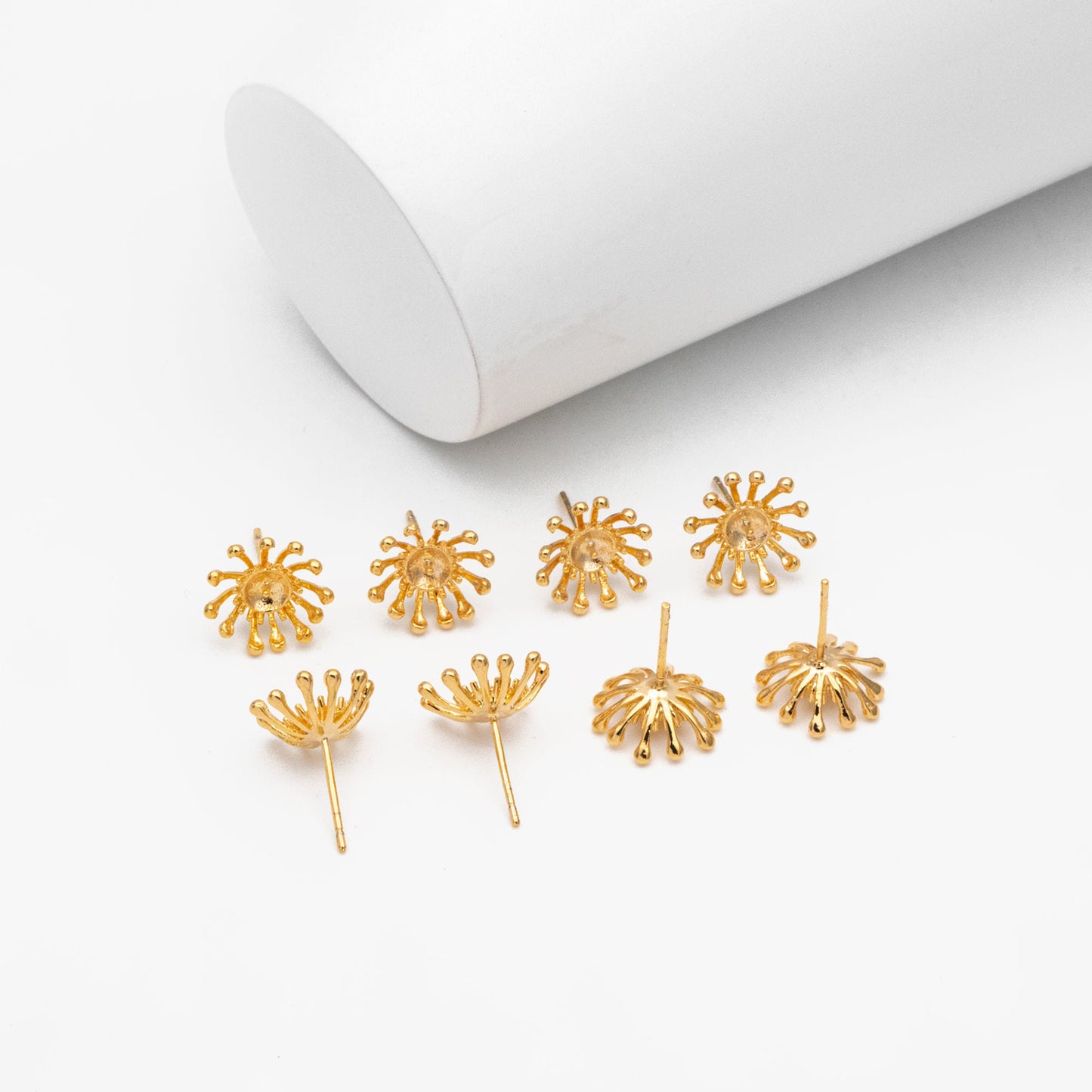 4pcs Gold Flower Ear Posts 12mm, Pearl Earring Mounts, Half Drilled Pearls Earring Settings (GB-3590)