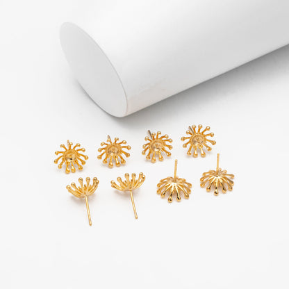 4pcs Gold Flower Ear Posts 12mm, Pearl Earring Mounts, Half Drilled Pearls Earring Settings (GB-3590)