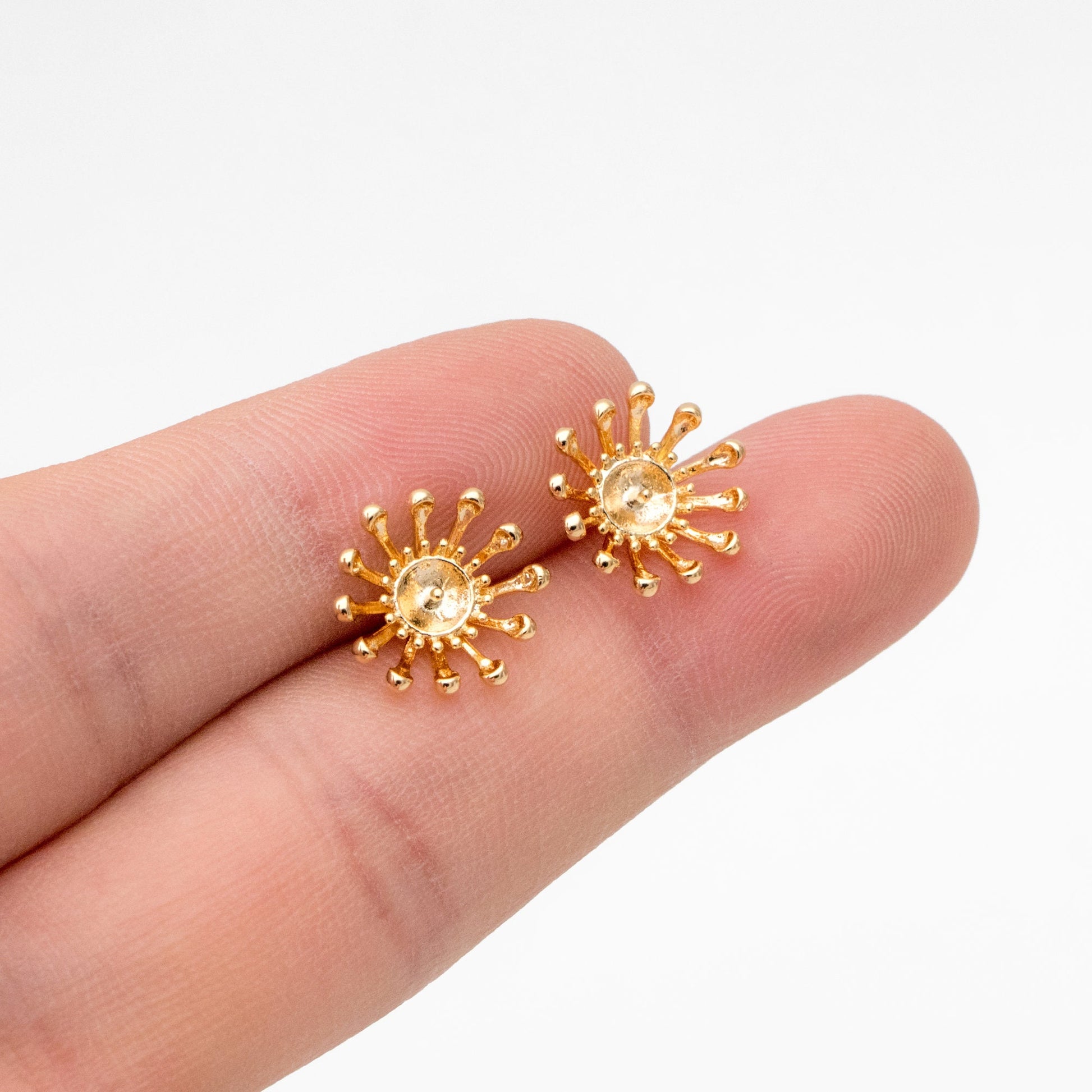 4pcs Gold Flower Ear Posts 12mm, Pearl Earring Mounts, Half Drilled Pearls Earring Settings (GB-3590)