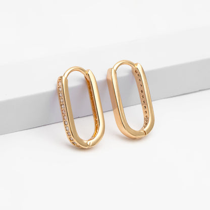 4pcs CZ Pave Gold Oval Hoop Earrings, Gold plated Brass, Dainty Geometric Earring Hoops (GB-3594)