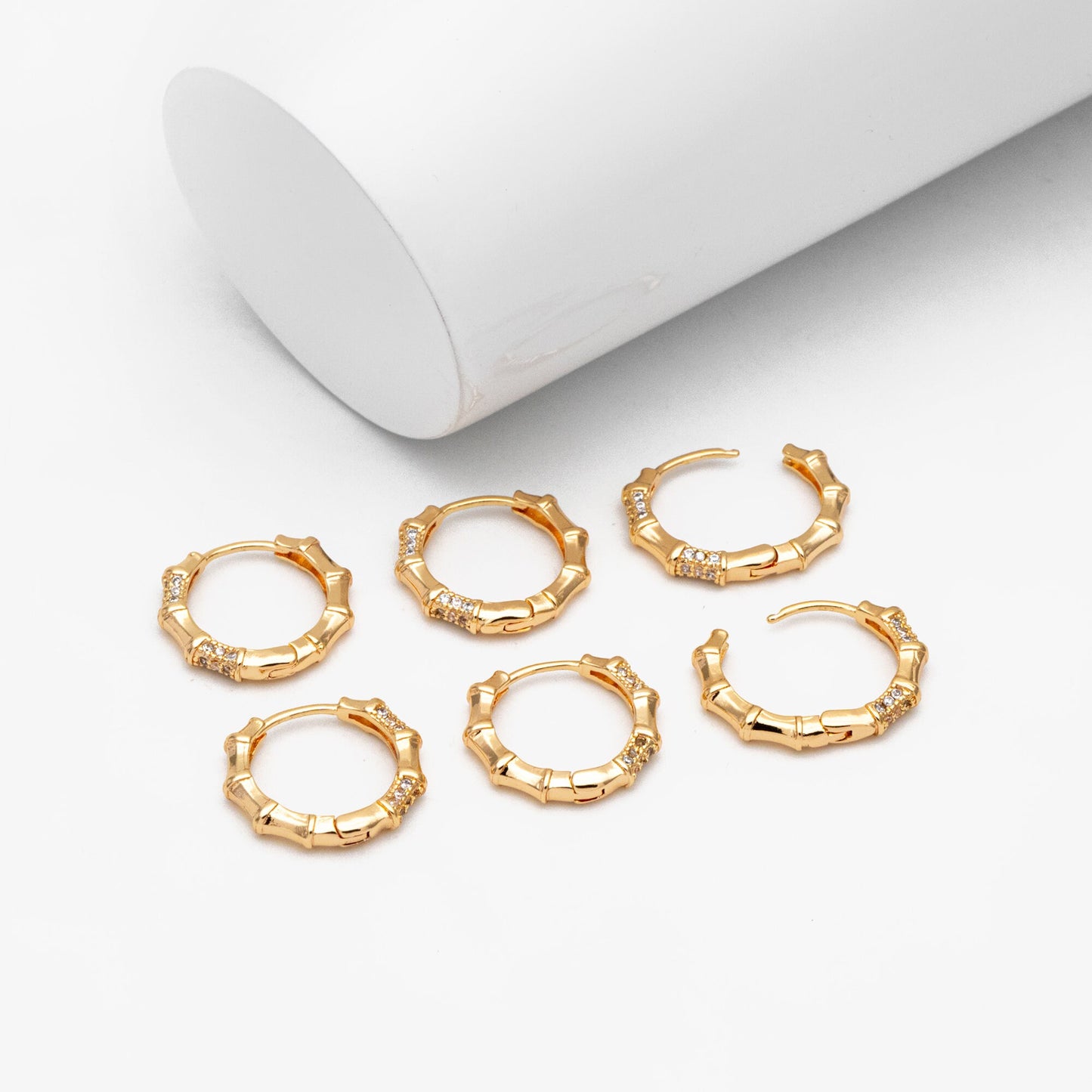 4pcs CZ Pave Gold Bamboo Hoop Earrings, Gold plated Brass, Dainty Bamboo Earrings, Gold Hoops (GB-3597)