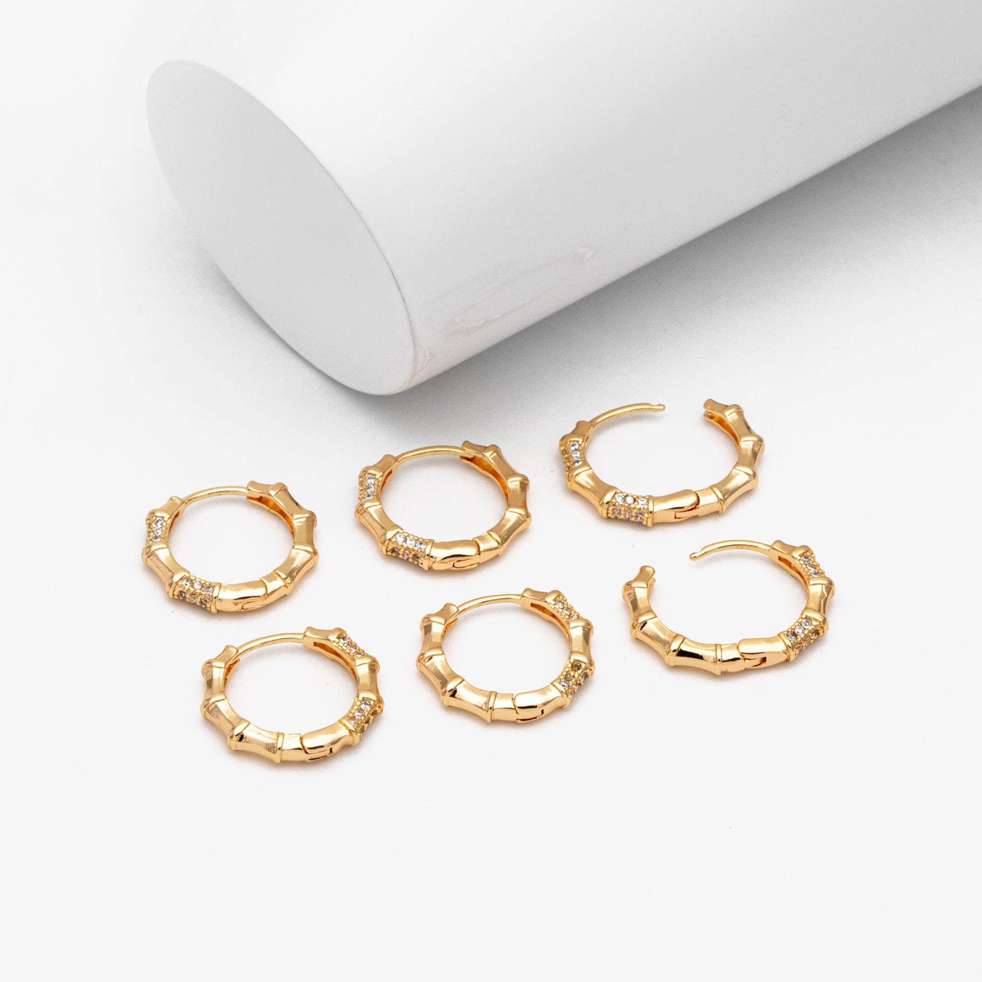 4pcs CZ Pave Gold Bamboo Hoop Earrings, Gold plated Brass, Dainty Bamboo Earrings, Gold Hoops (GB-3597)