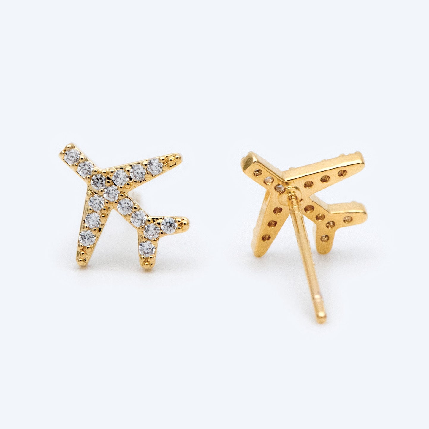 10pcs Airplane Stud Earrings, 9mm, CZ Pave Gold Plane Ear Posts (#GB-1483)