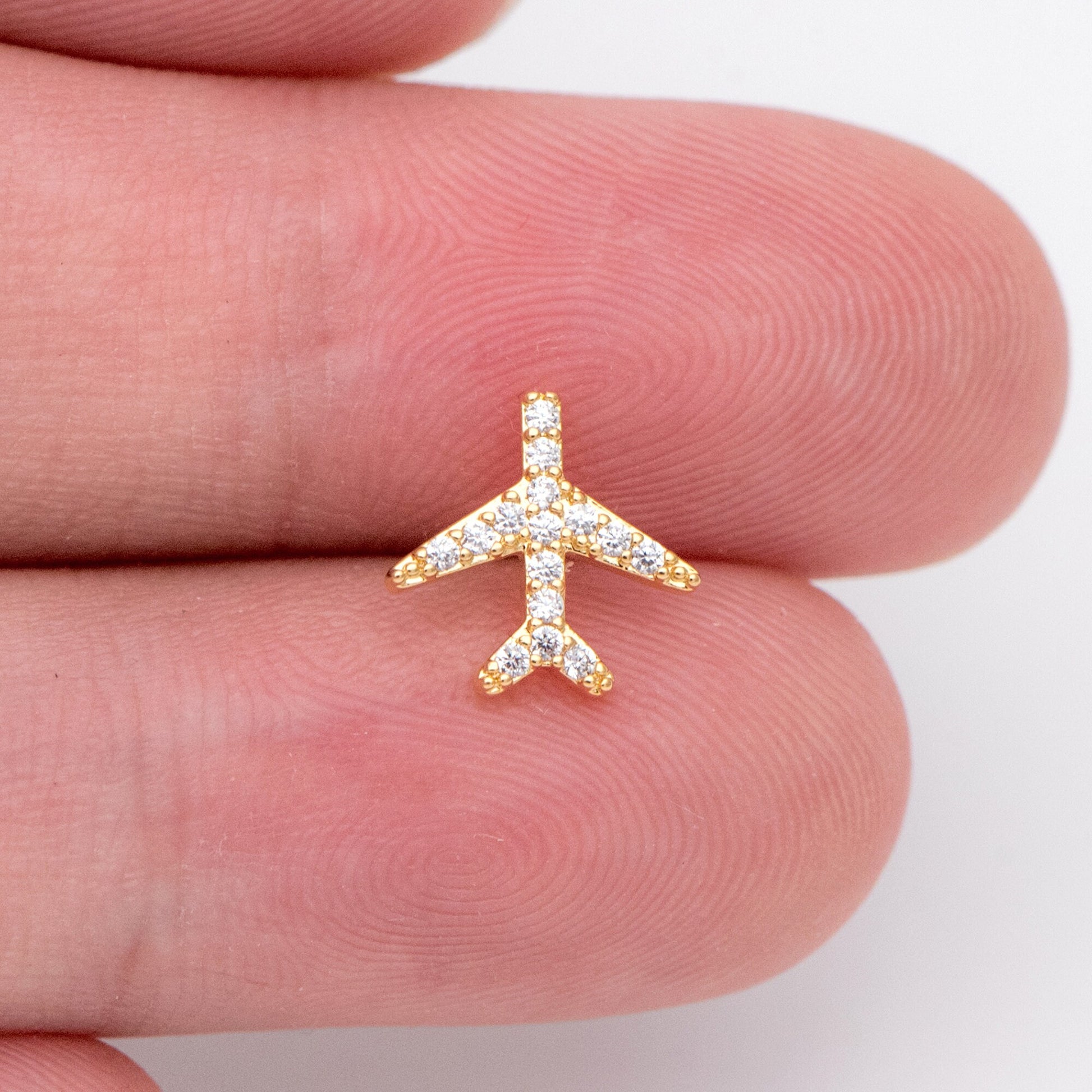 10pcs Airplane Stud Earrings, 9mm, CZ Pave Gold Plane Ear Posts (#GB-1483)
