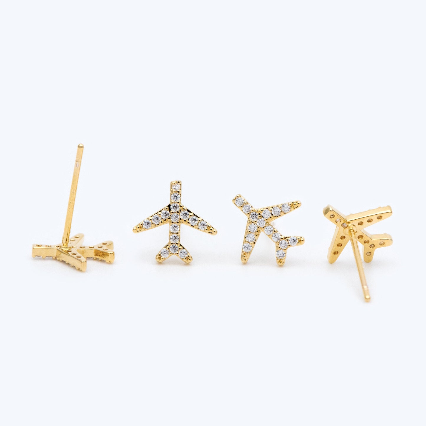 10pcs Airplane Stud Earrings, 9mm, CZ Pave Gold Plane Ear Posts (#GB-1483)