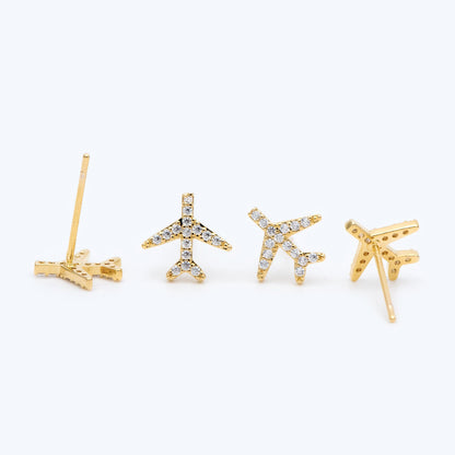10pcs Airplane Stud Earrings, 9mm, CZ Pave Gold Plane Ear Posts (#GB-1483)