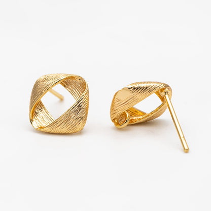 10pcs Brushed Gold Square Ear Posts 11x9mm, Real Gold Plated Brass Geometric Earring Studs (GB-2162)