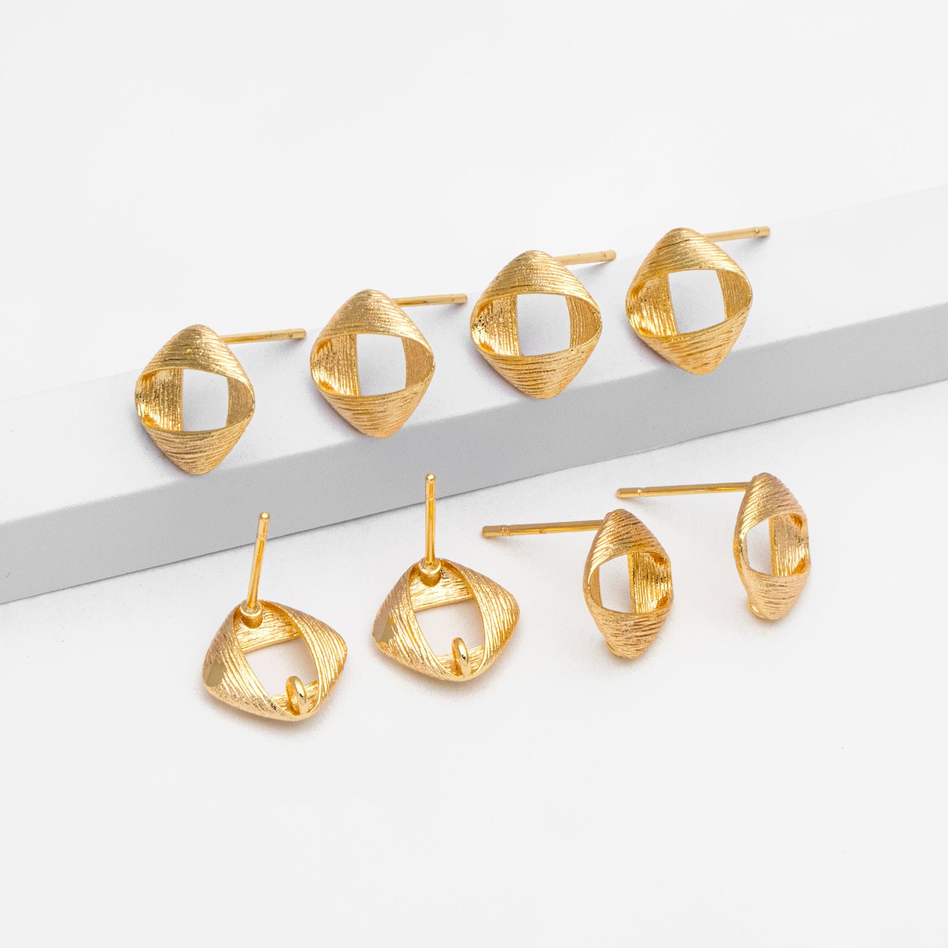 10pcs Brushed Gold Square Ear Posts 11x9mm, Real Gold Plated Brass Geometric Earring Studs (GB-2162)