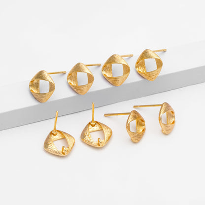 10pcs Brushed Gold Square Ear Posts 11x9mm, Real Gold Plated Brass Geometric Earring Studs (GB-2162)