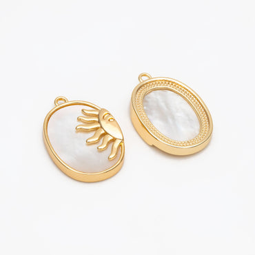 4pcs Shell Pave Gold Sun Charm, 18K Gold plated Brass, Sun Face Oval Pendants (GB-2259-G)