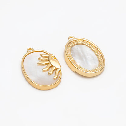 4pcs Shell Pave Gold Sun Charm, 18K Gold plated Brass, Sun Face Oval Pendants (GB-2259-G)