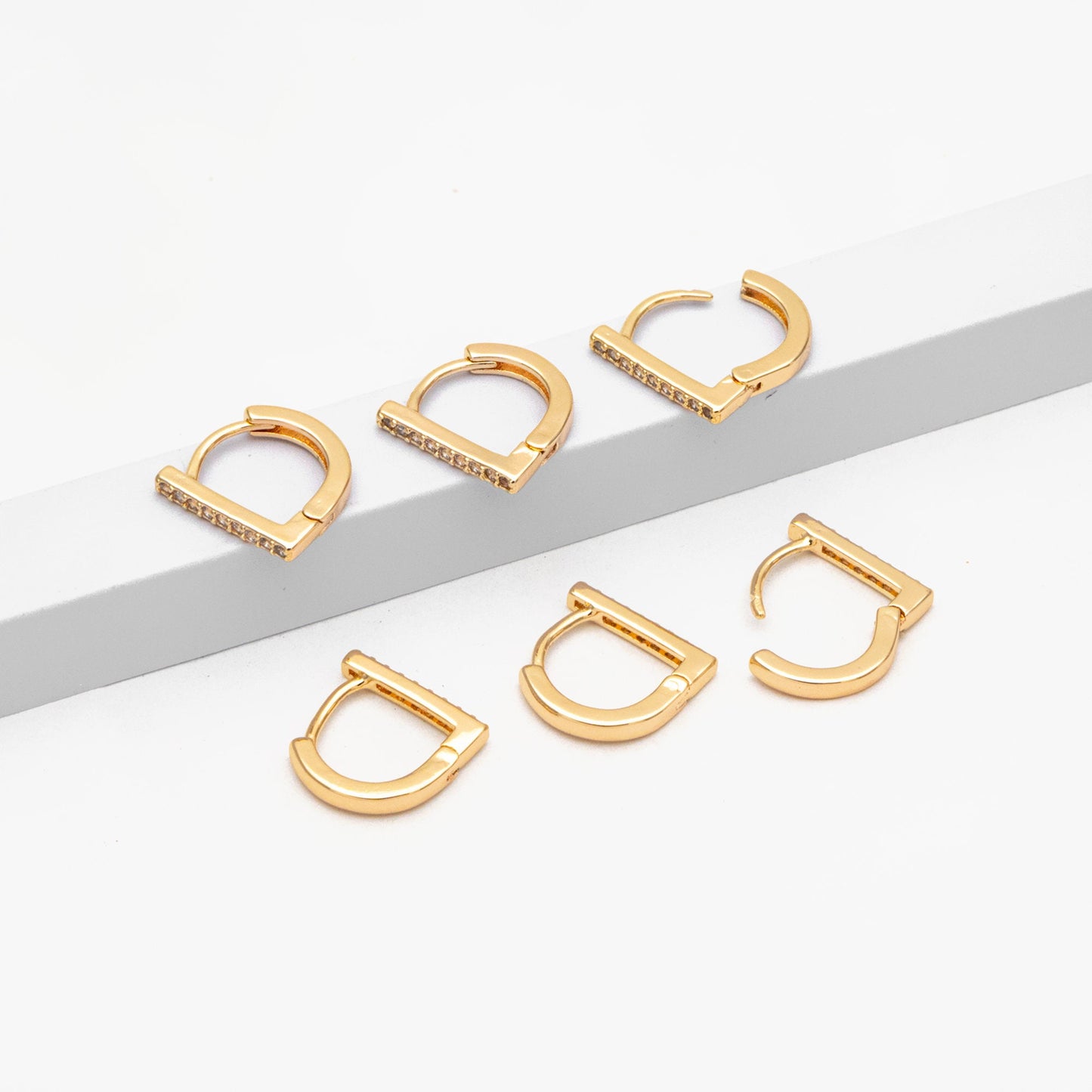 4pcs CZ Pave D Shaped Hoop Earrings, Dainty Huggie Earrings, Minimalist Earring, Small Gold Hoops Earring (GB-3613)