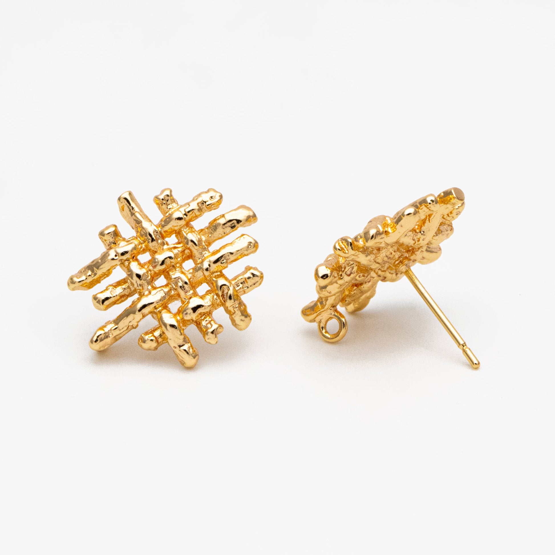 10pcs Gold Weave Stud Earring With Loop, 18K Gold plated Brass, Rustic Stud Earring Components (GB-3552)