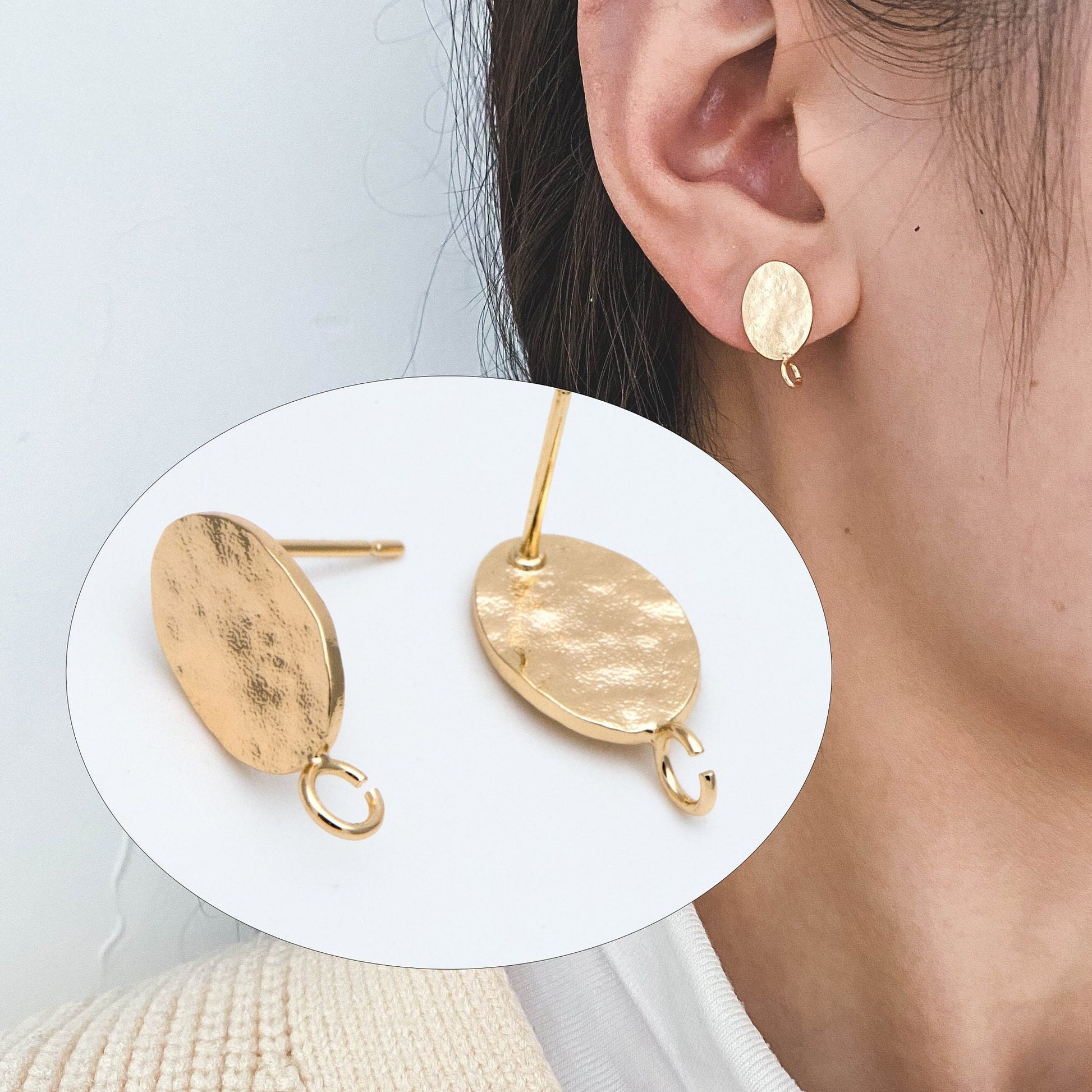 10pcs Gold/ Silver Hammered Oval Disc Earring, 16x9mm, Geometric Stud Earring Components (GB-2834)