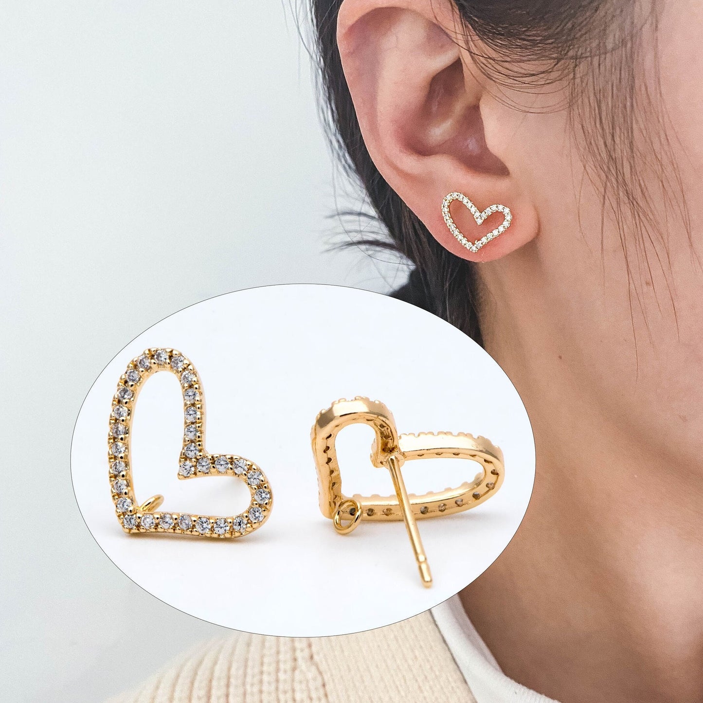 4pcs CZ Pave Heart Earring with Loop, Gold Plated Brass Stud Earrings, Jewelry Findings, Wholesale Supplies (GB-2986)