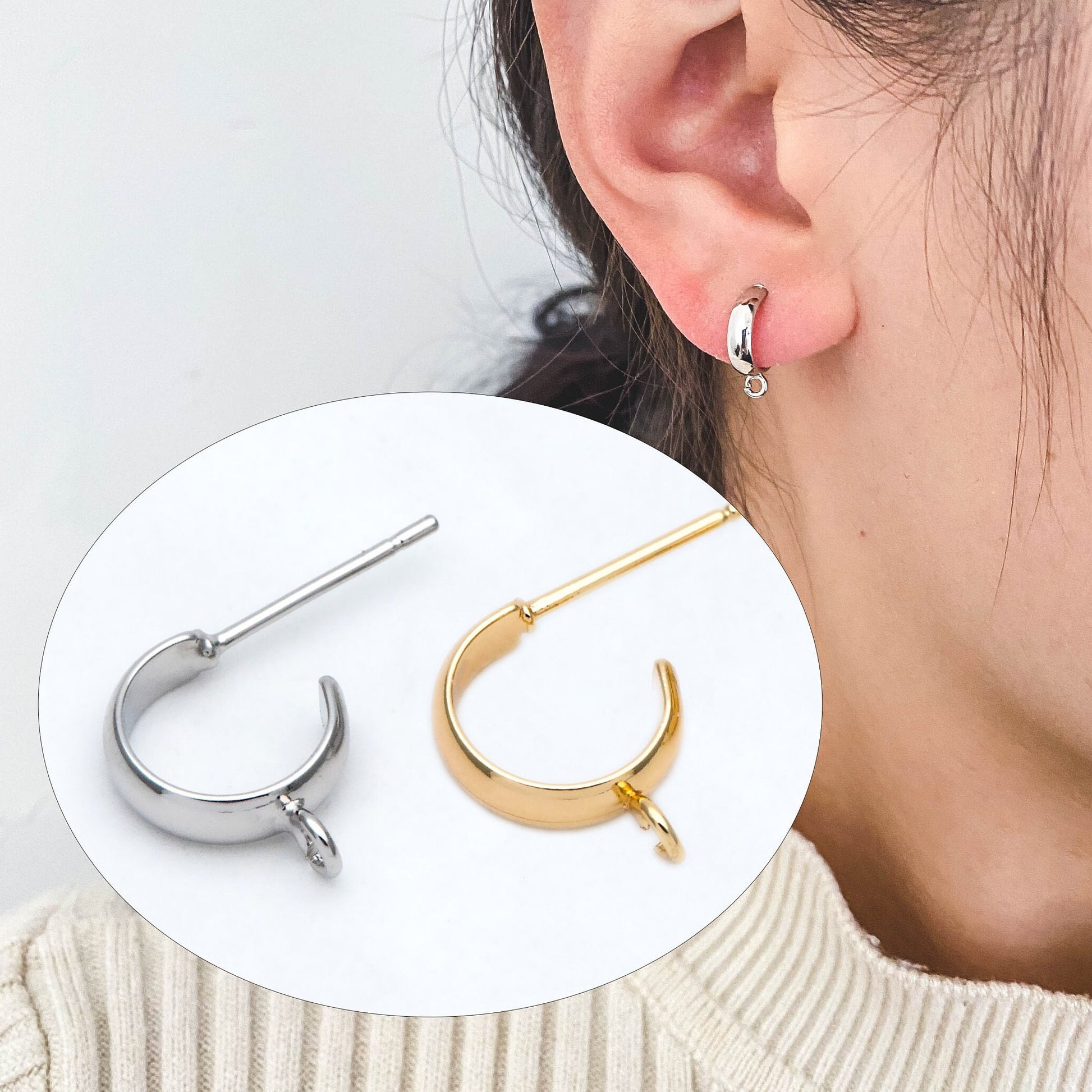 10pcs Gold/ Silver Tone Round Circle Ear Posts, Gold/ Rhodium plated Brass, Geometric Hoop Stud Earrings (GB-2169)