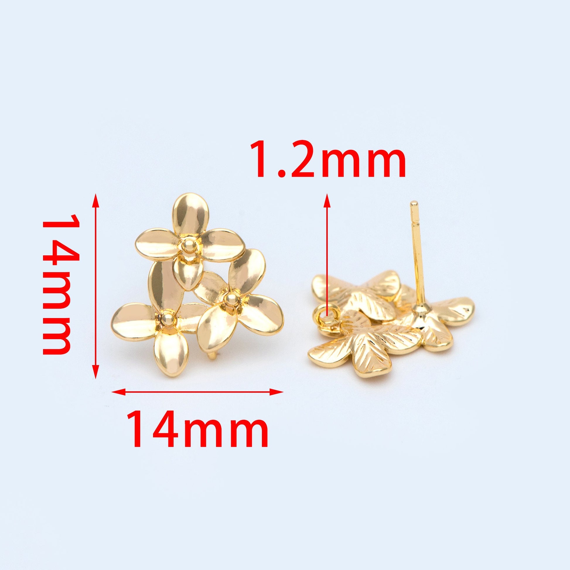 10pcs Gold/ Rhodium/ Rose Gold plated Brass Flower Earring with Loop, 14mm Floral Stud Earring (GB-956)