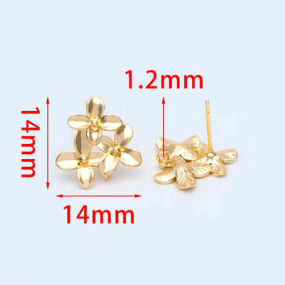 10pcs Gold/ Rhodium/ Rose Gold plated Brass Flower Earring with Loop, 14mm Floral Stud Earring (GB-956)