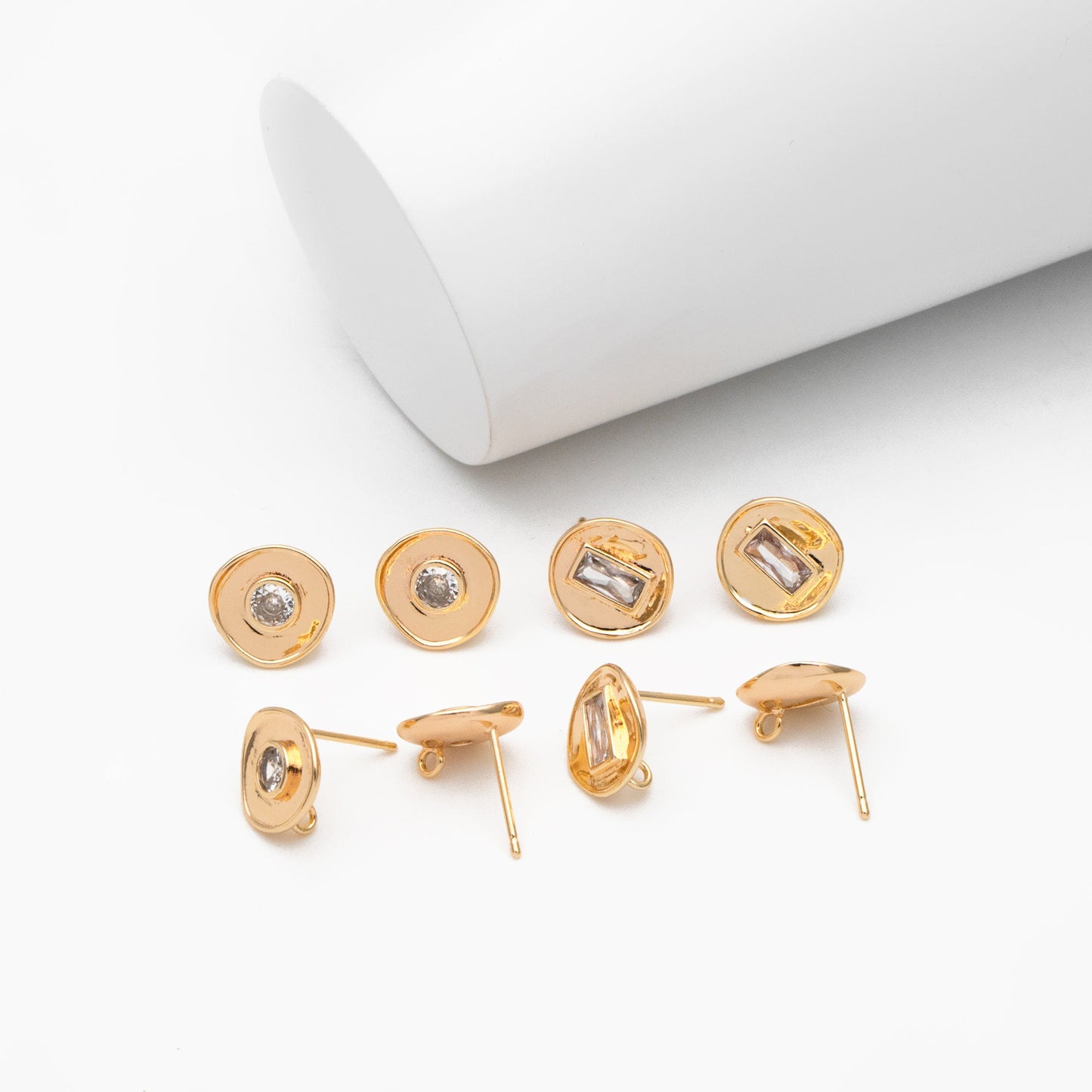 4pcs CZ Pave Gold Round Ear Posts 11mm, 18K Gold plated Brass, Stud Earring Components (GB-3603)