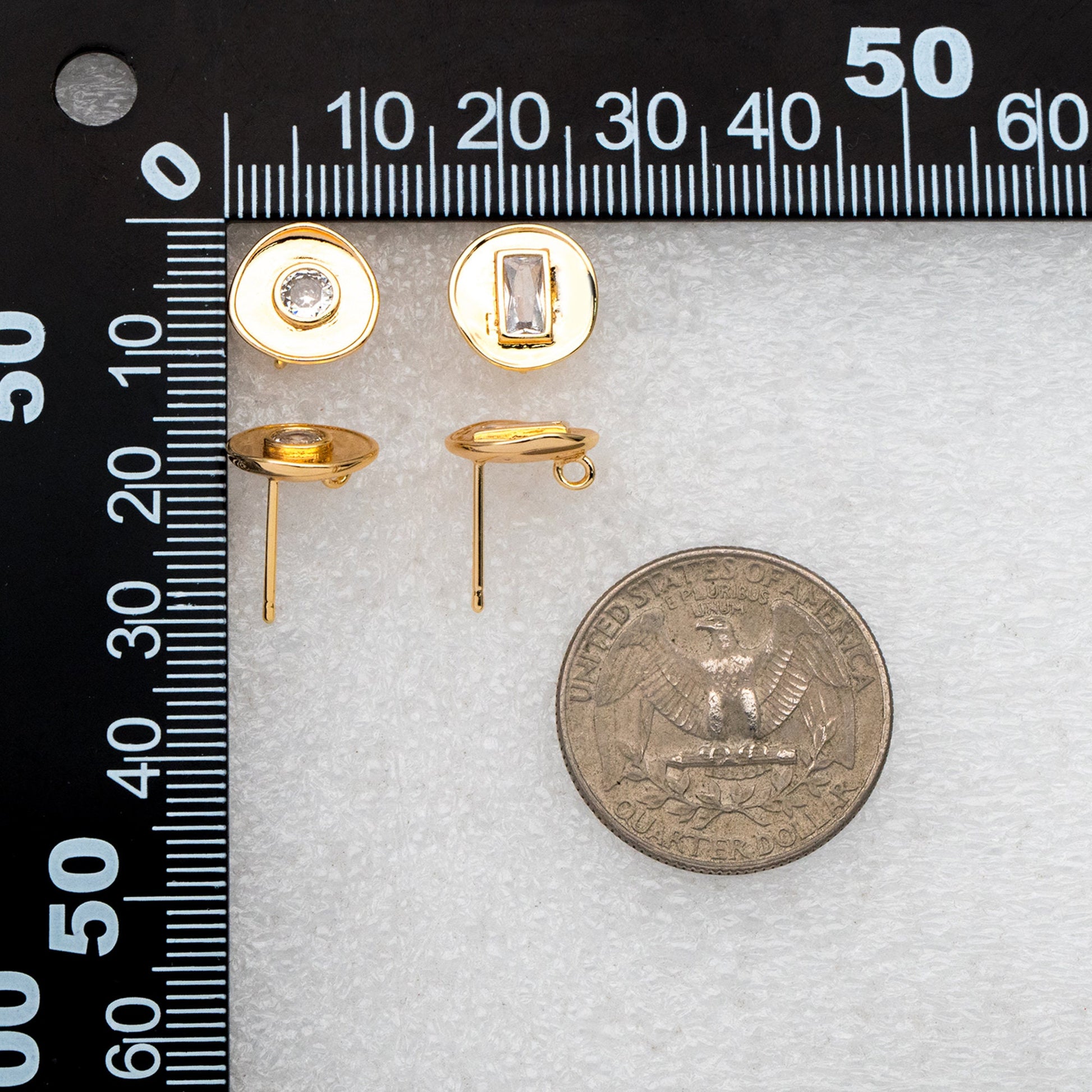 4pcs CZ Pave Gold Round Ear Posts 11mm, 18K Gold plated Brass, Stud Earring Components (GB-3603)