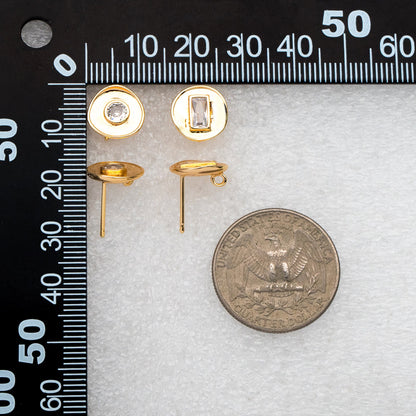 4pcs CZ Pave Gold Round Ear Posts 11mm, 18K Gold plated Brass, Stud Earring Components (GB-3603)