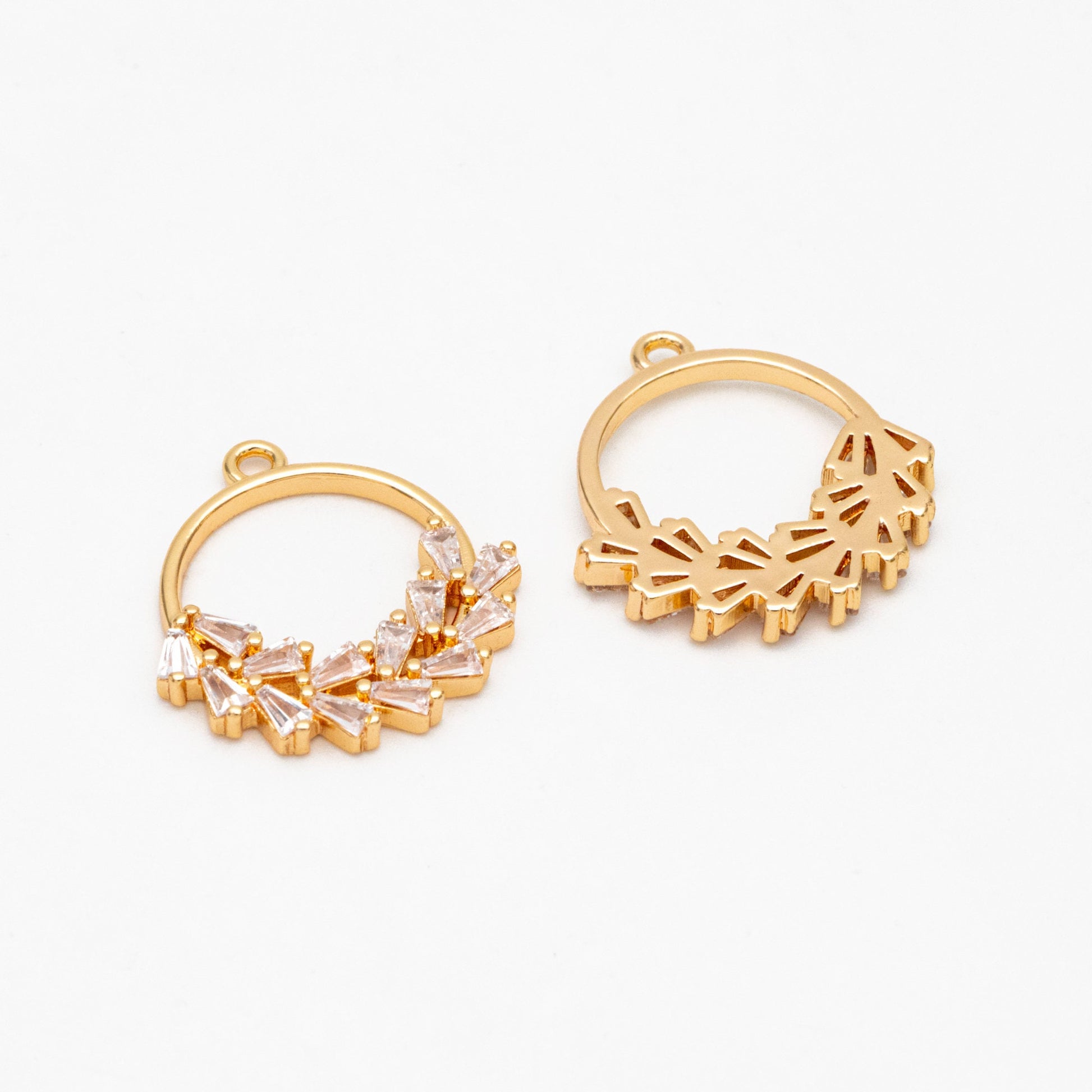 4pcs CZ Pave Gold Wreath Circle Charms 21x20mm, Real Gold plated Brass Leaf Pendants (GB-3626)