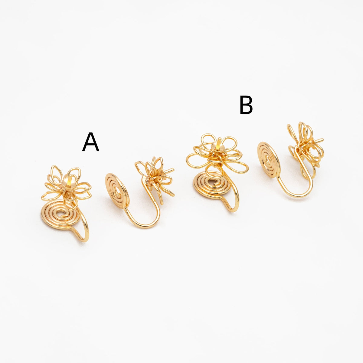 4pcs Gold Wire Flower Earring Converters, Clip On Earring, Pearl Peg Earring Mounts, Half Drilled Pearl Post Earring Settings (GB-3614)