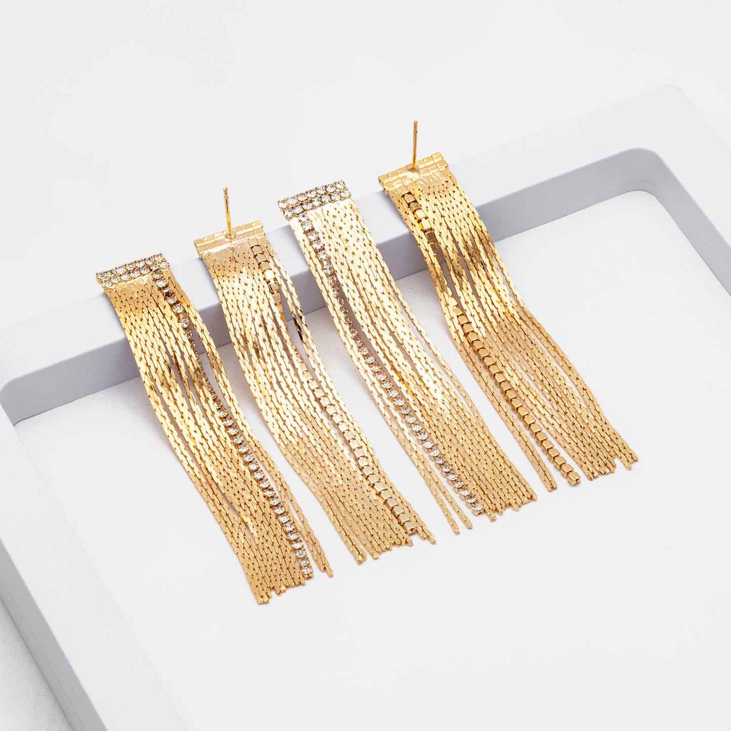 4pcs CZ Pave Chain Tassel Earrings, Long Tassel Stud Earring, Gold Dangling Earrings, Minimalist Earrings (GB-3556)