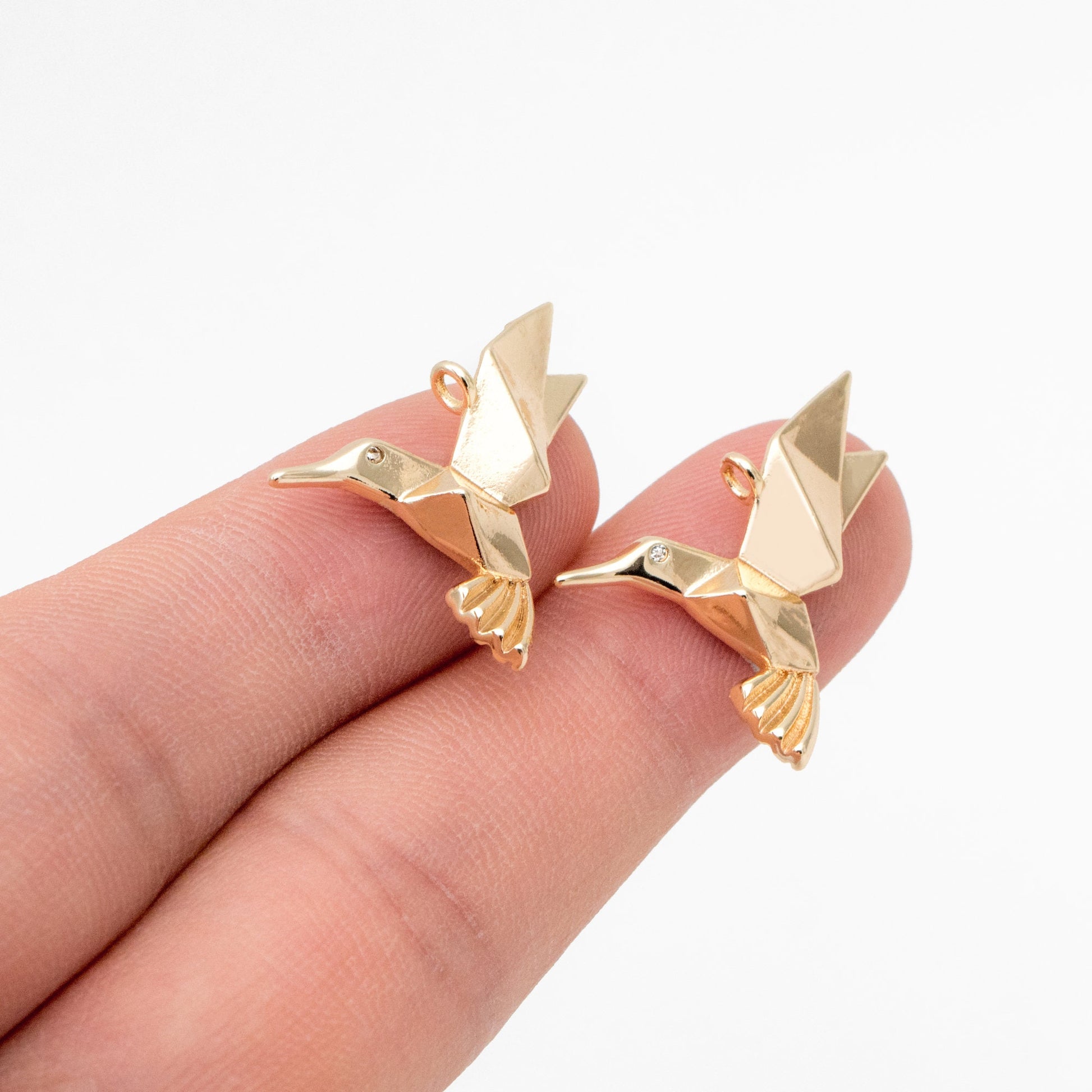 10pcs CZ Pave Origami Bird Charms, Real Gold plated Brass, Paper Hummingbird Pendants (GB-3558)