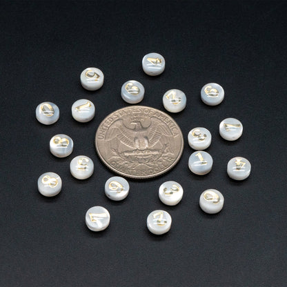 6mm Natural Shell with Gold Number Beads- Coin Puff Spacer - Double Sided Number (V1406)