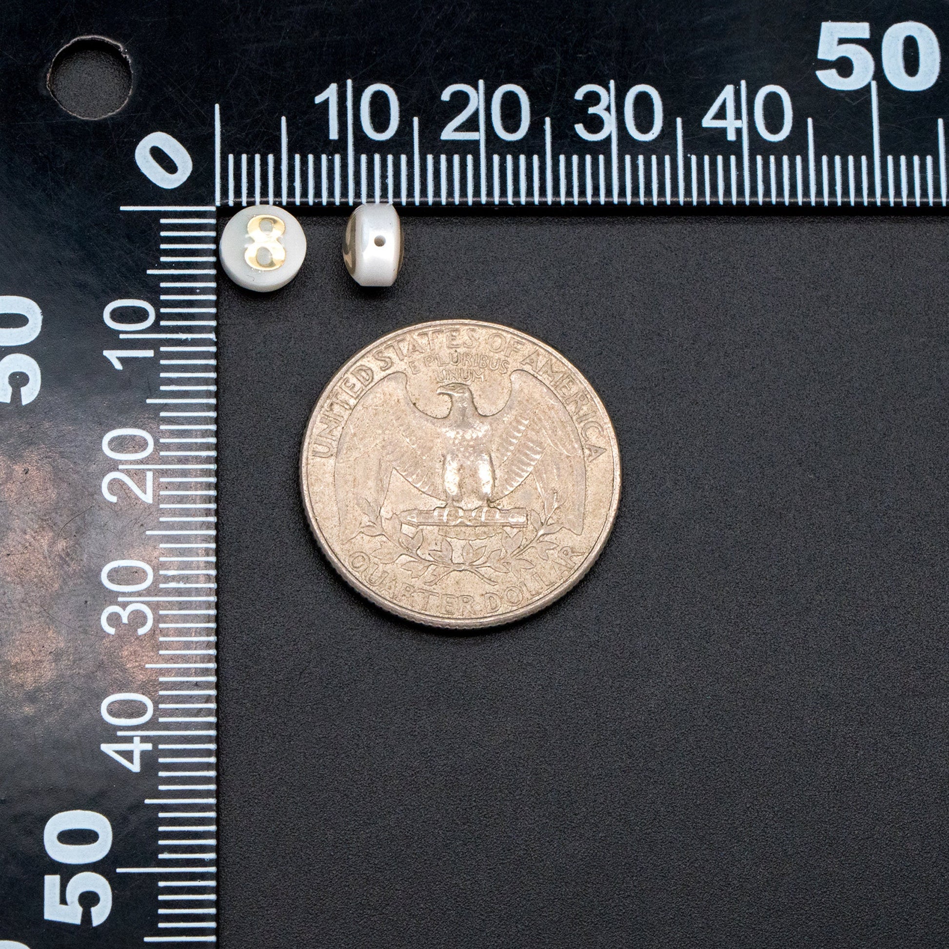 6mm Natural Shell with Gold Number Beads- Coin Puff Spacer - Double Sided Number (V1406)