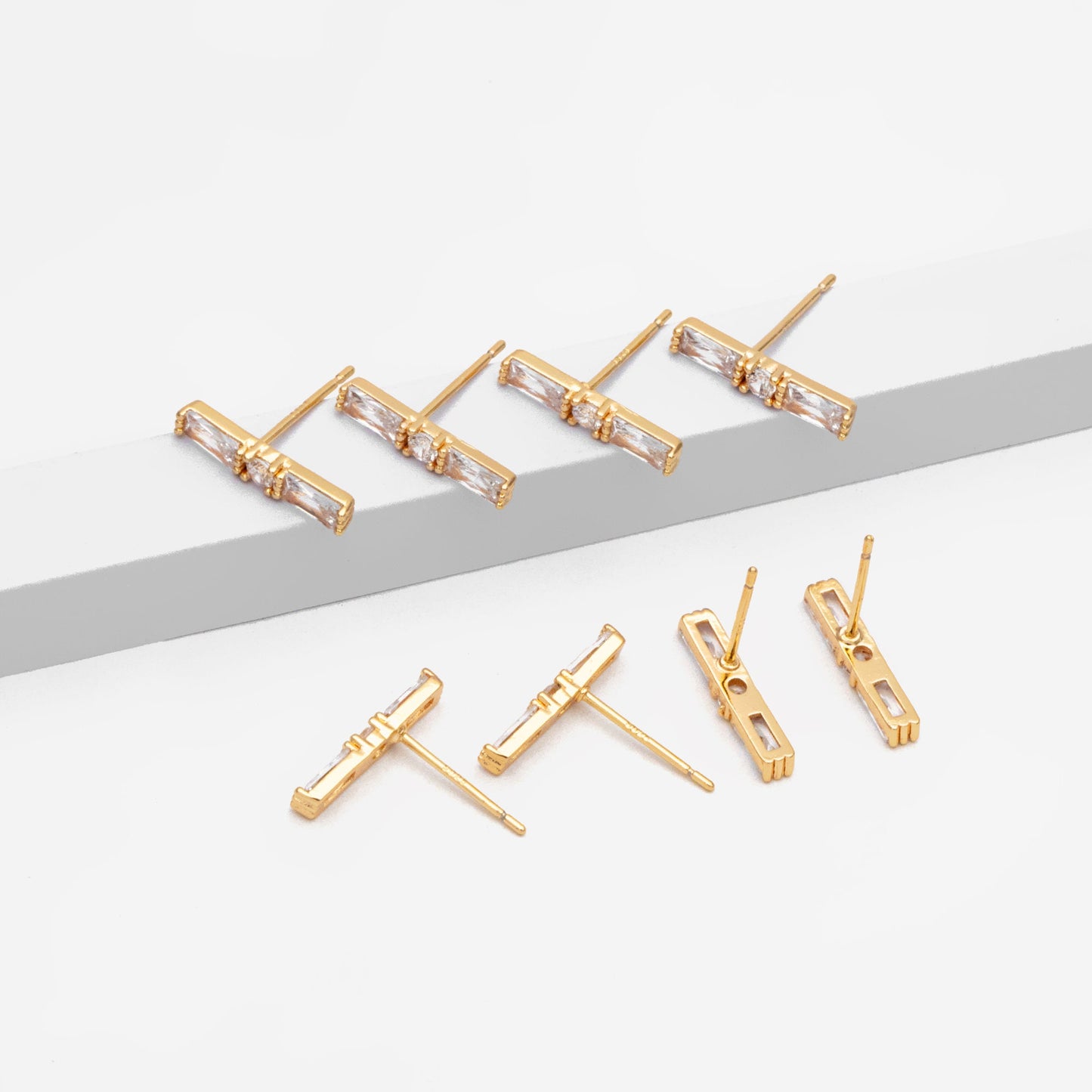 4pcs CZ Pave Rectangle Earring Studs, 18K Gold plated Brass Ear Posts, Geometric Earring Findings (#GB-3633)