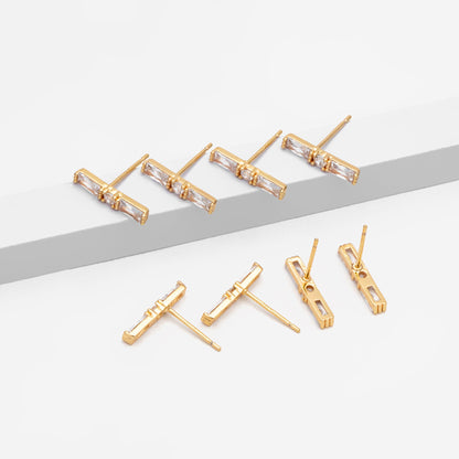 4pcs CZ Pave Rectangle Earring Studs, 18K Gold plated Brass Ear Posts, Geometric Earring Findings (#GB-3633)