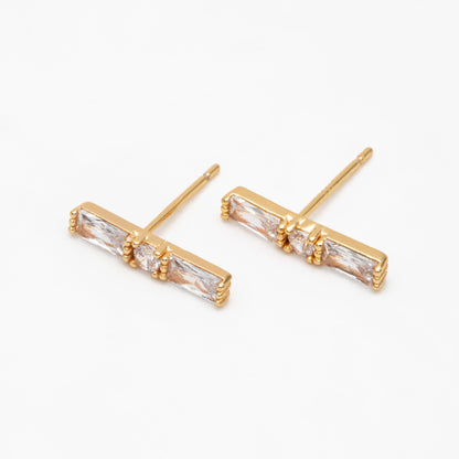 4pcs CZ Pave Rectangle Earring Studs, 18K Gold plated Brass Ear Posts, Geometric Earring Findings (#GB-3633)