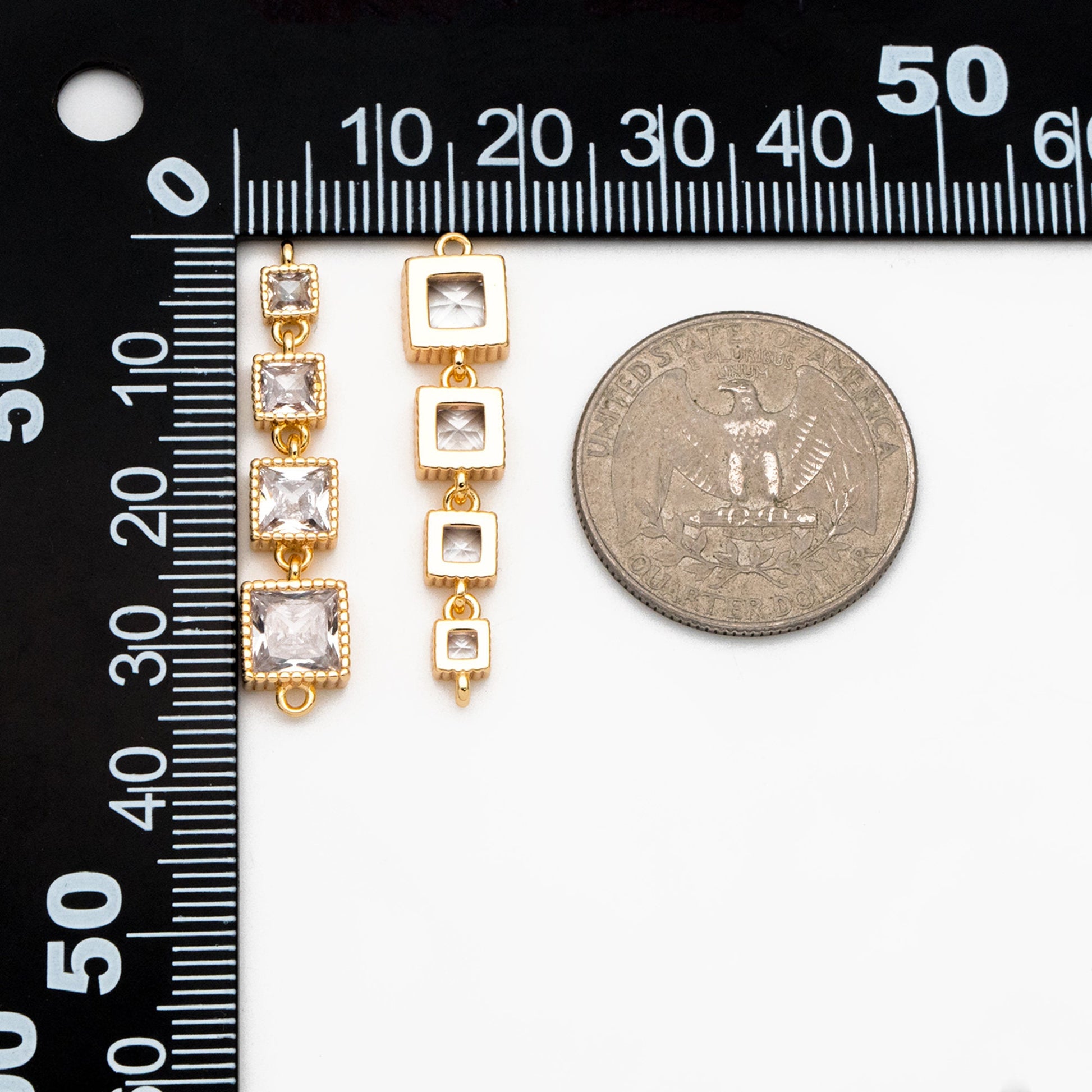 4pcs CZ pave Gold Square Connectors 35x7.5mm, Gold Plated Brass Square Charm Pendants (GB-3635)