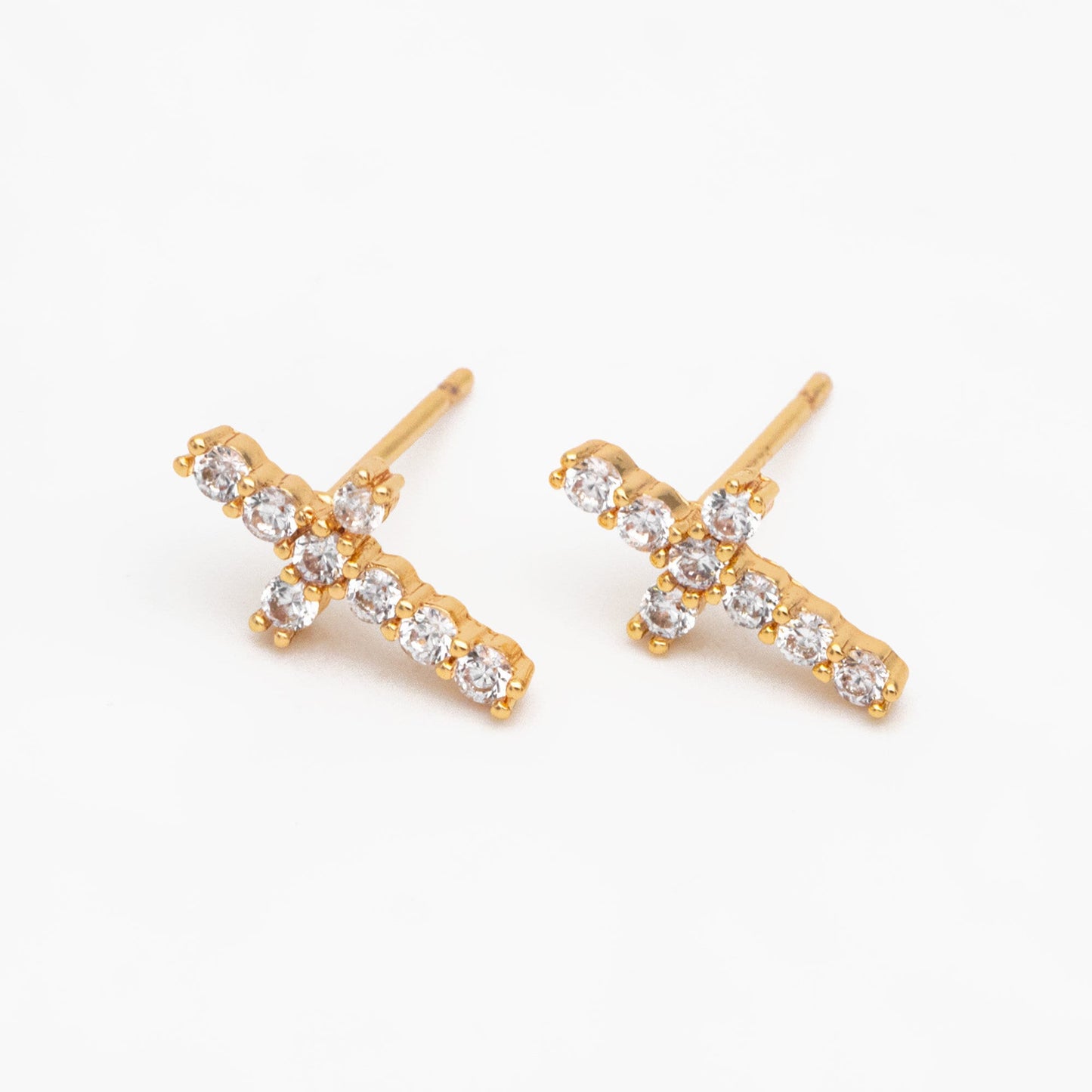 4pcs CZ Pave Gold Cross Ear Post 12x6mm, Gold Plated Brass Small Cross Stud Earring (#GB-3637-E)