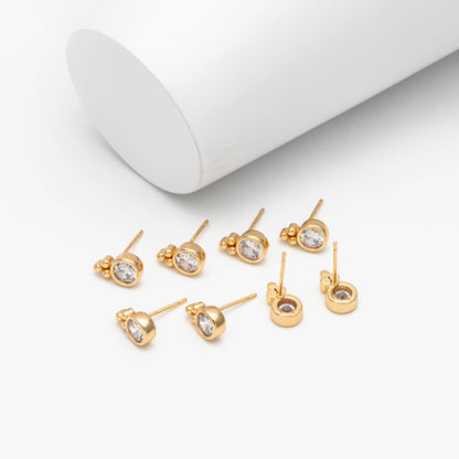 10pcs CZ Pave Round Trinity Ear Posts 10x6mm, Gold Plated Brass Dainty Stud Earrings (GB-3639)
