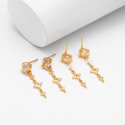 4pcs CZ Pave Gold Cross Star Dangle Earrings with Loop, Gold Plated Brass, Dainty Star Stud Earrings (GB-3641)