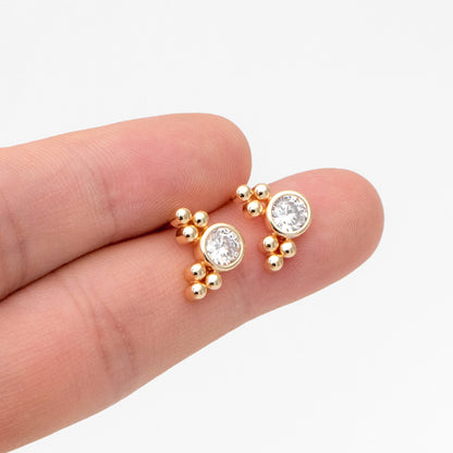 10pcs CZ Pave Round Trinity Ear Posts 12x8.5mm, Gold Plated Brass Dainty Stud Earrings (GB-3642)
